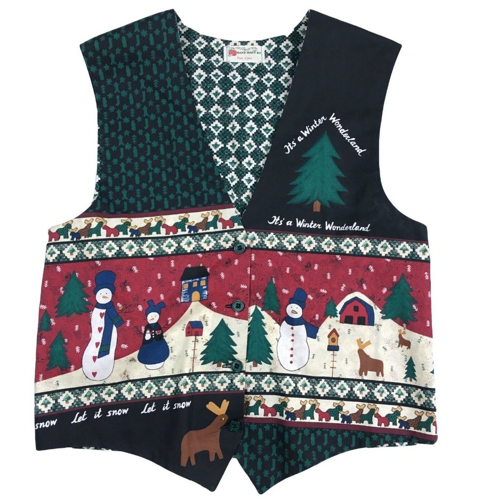 Winter Wonderland Christmas Holiday Multicolored Handmade Button Up Vest - Picture 1 of 8
